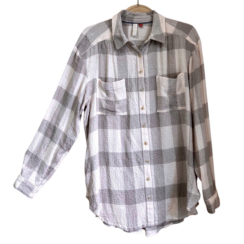 Pilcro Anthropologie Grey White Plaid Textured Button Down Shirt Medium Boho‎